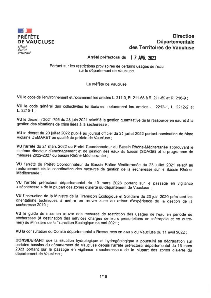 ARRÊTE PREFECTORAL DU 17 AVRIL 2023