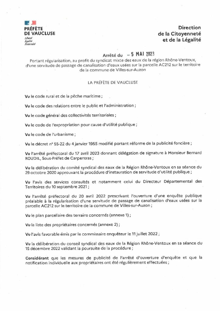 ARRETE PREFECTORAL - Portant sur la régularisation d'une servitude de passage d'eaux usées à Villes sur Auzon